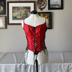 🥀 vintage red & black rose print lace-up corset 🥀